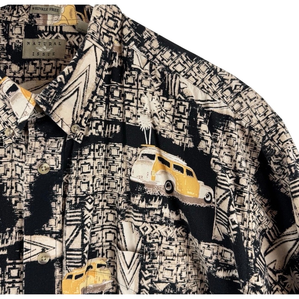 Natural Issue Button Down Shirt Mens XXL Black Tan Woody Wagon Surfboard Print
